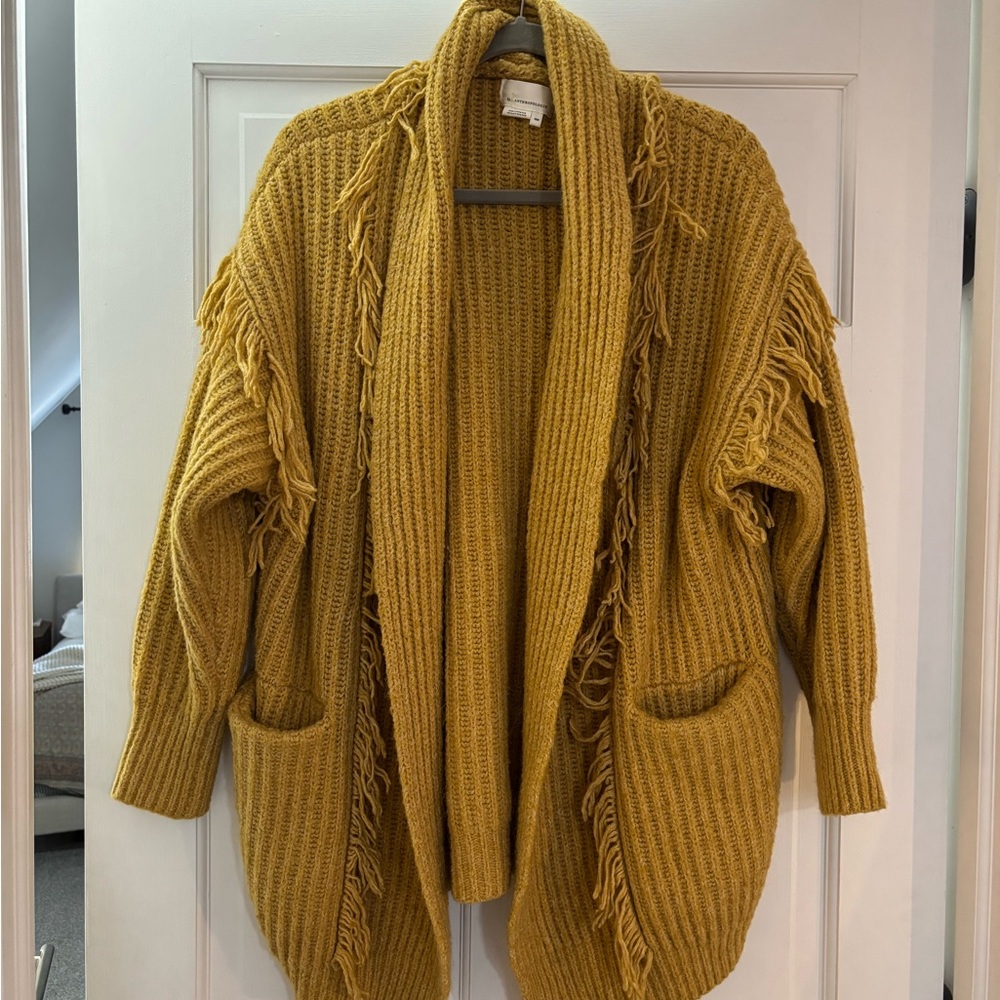 Anthropologie Mustard Fringe Cardigan